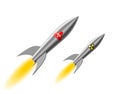 Realistic stylized missile with nuclear and chemical weapons flies